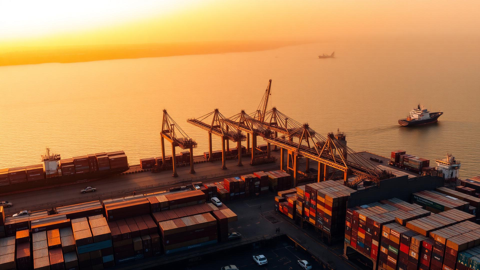 Container port at sunset with cargo ship